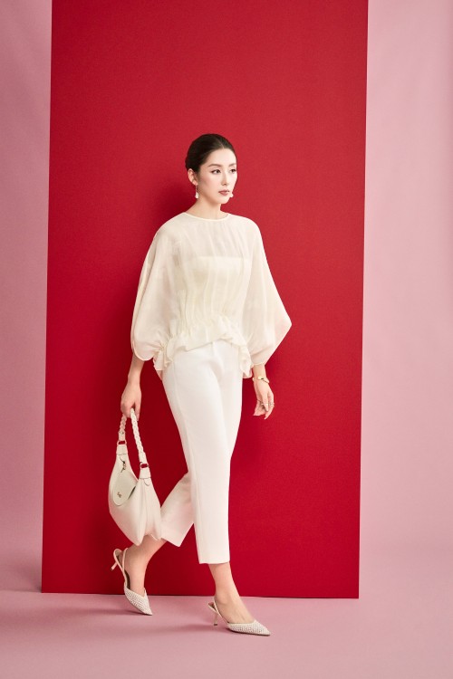 Sixdo Cream Taffeta Baggy Pants